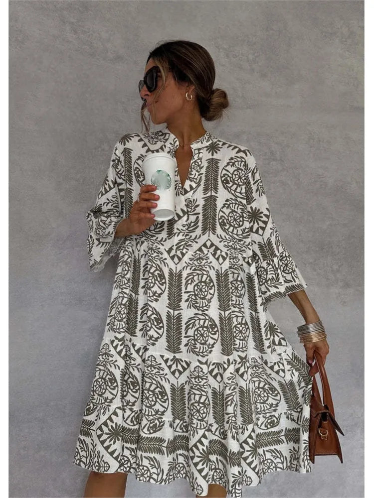 Casual Print Vacation Loose Dress, Women Fashion V-neck, Flare Sleeve ,Elegant Ruffle Shirt Dress, Female Vintage Loose Dress