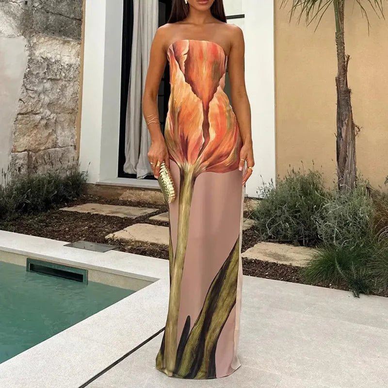 Women's Strapless Backless Printed Long Dress