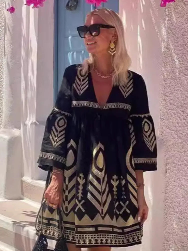 Bohemian Print Mini Dress Flared Sleeve V-neck Loose Short Casual Vacation Style