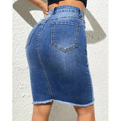 ﻿ ﻿ Women's High Waist Denim Skirt  Stretch Knee Length Casual