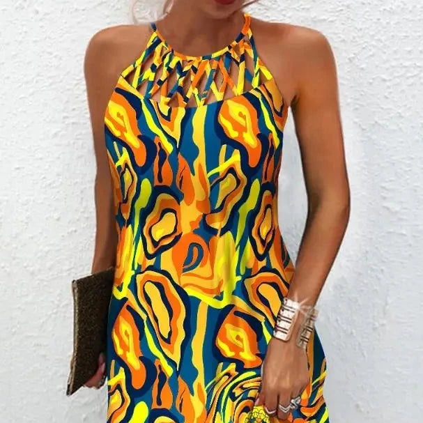 Abstract Print Hollow Casual Mini Dress