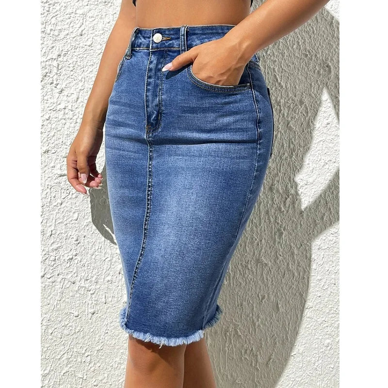 ﻿ ﻿ Women's High Waist Denim Skirt  Stretch Knee Length Casual