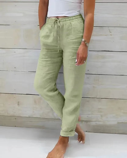 Cotton Linen Summer Pants High Waist Elastic Casual