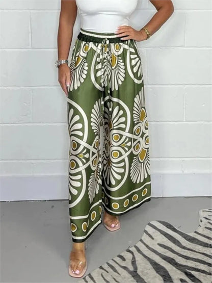Bohemia Long Pants Elastic Waist Adjustable Tie Wide Leg