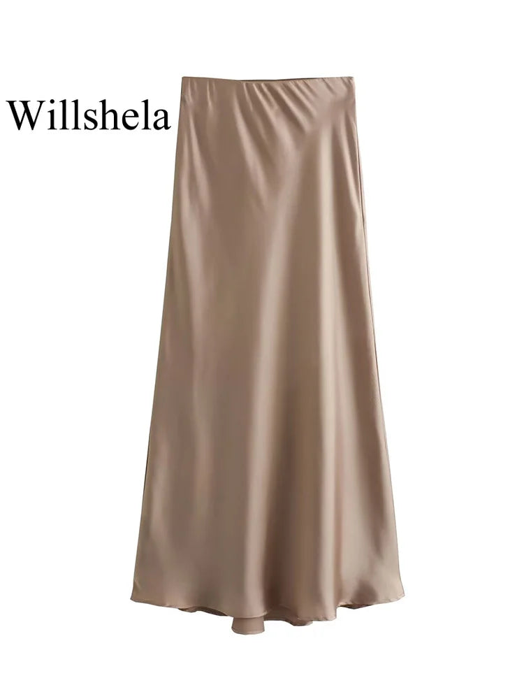 Black high waist satin A-line skirt for women casual wear